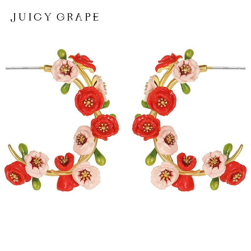 Succose Grape Red Poppy Flower Orecchini Per Le Donne 925 Silver Needle Luxury Handmade Smalto Studs Wedding Party Fine Jewelry