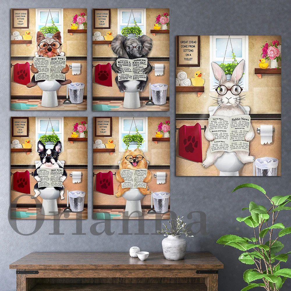Yorkshire Terrier Cucciolo Pomerania Coniglio Elefante Boston Terrier In Toilette Divertente Wall Art Retro Poster Toilette Decor Stampa Regalo