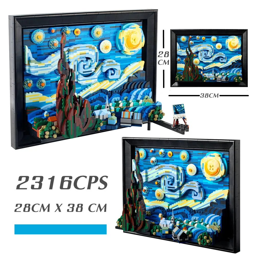 New World Capolavoro Vincent Van Gogh Pixel Painting Starry Night Building Block Brick Creativo Decorativo 21333 Modello Giocattolo Regalo