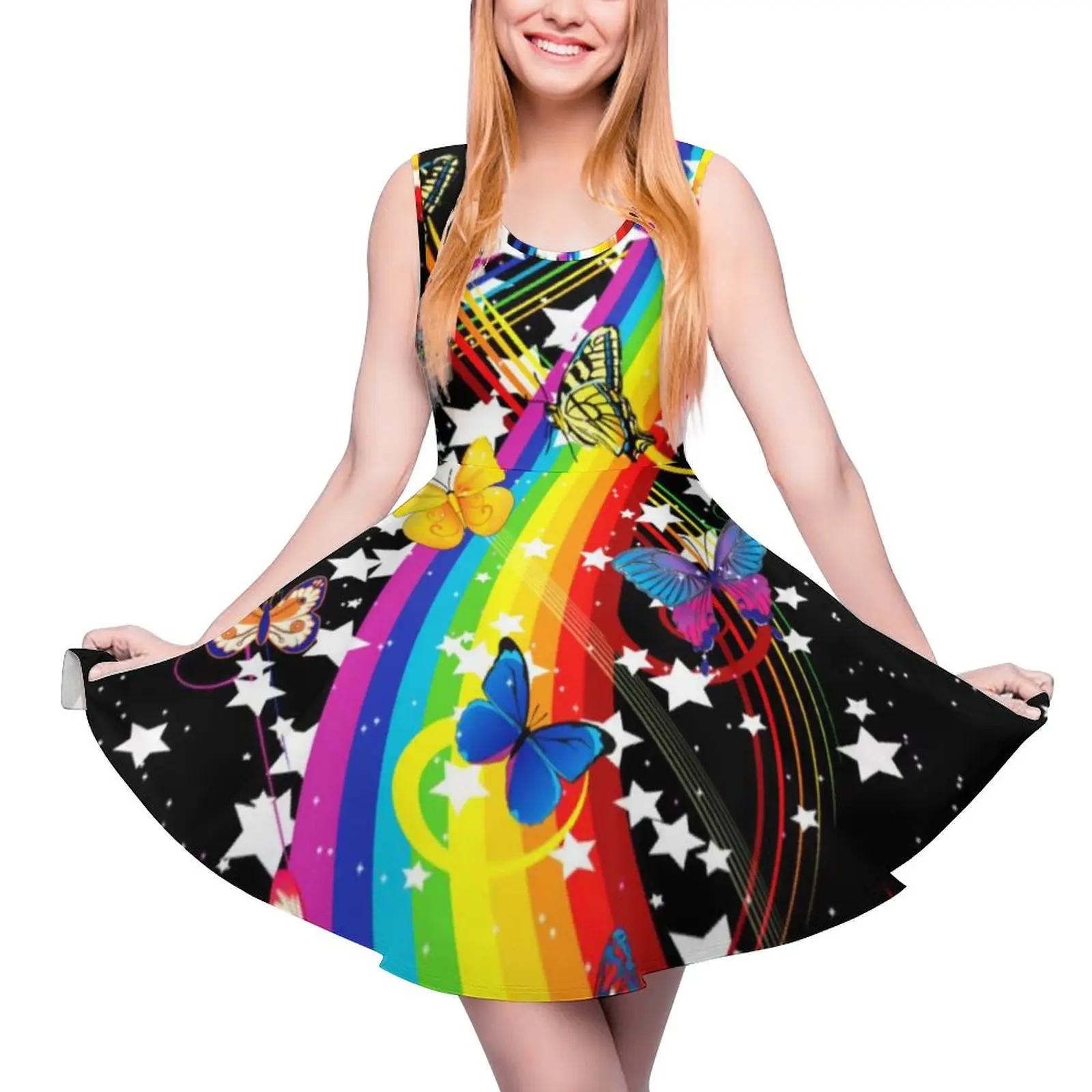 Farfalle Arcobaleno Vestono Arti Digitali Astratte Abiti Kawaii A Vita Alta Casual Di Grandi Dimensioni Vestito Da Skate Modello Estivo Abiti