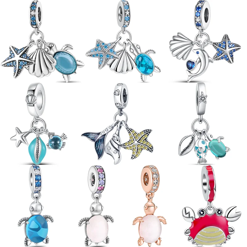 Fit Original Pandora Charms Bracciale Gioielli Fai Da Te 925 Argento Sea Animal Turtle Dolphin Starfish Crab Fish Murano Glass Blue Beads