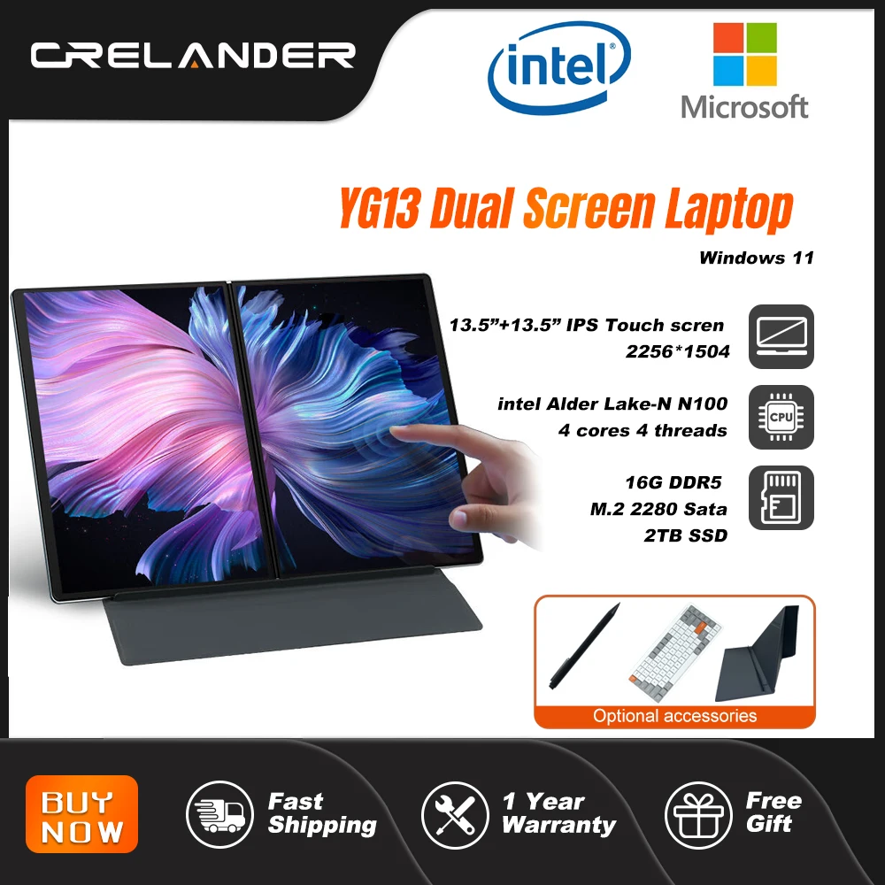 Crelander Yg13 Yoga Laptop Intel N100 Cpu 13.5 Pollici 2.5K Touch Screen Ddr5 16Gb M2 Ssd Dual Screen Laptop Notebook Tablet Pc