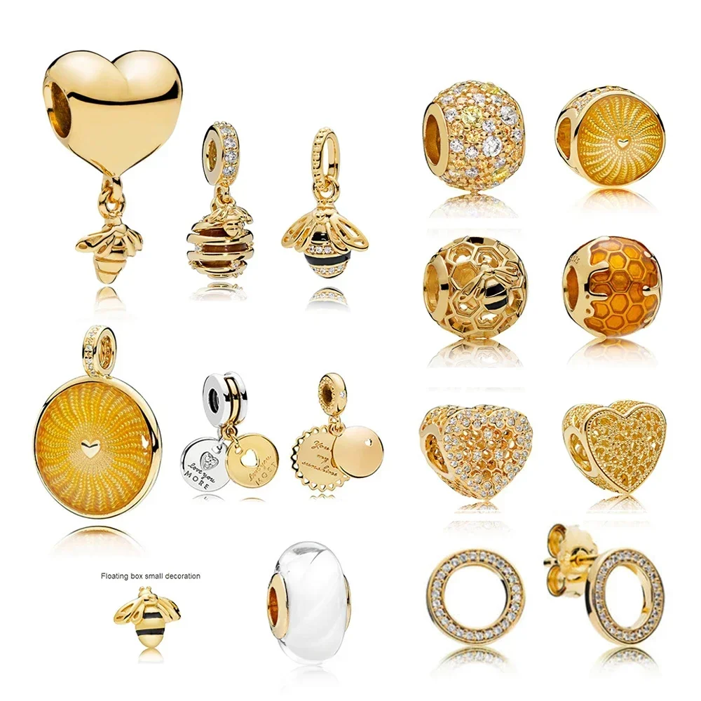 Nuovo 100% 925 Sterling Silver 1:1 Charm 18K Gold Bee Honeycomb Honey Temperament Sunshine Beaded Pendant A Forma Di Cuore Women