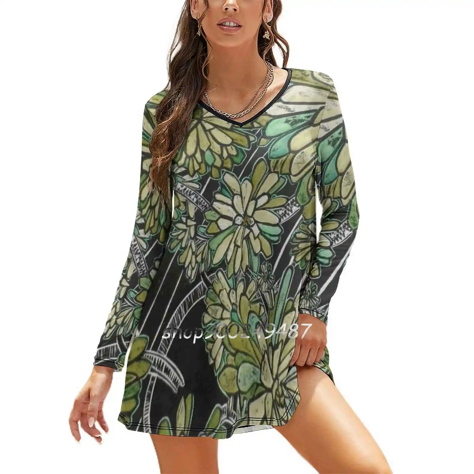 Succulent In Green Slim Dress With Hollow Waist Autumn Winter Sexy V Neck Long Sleeve Dresses Woodcut Printmaking Oak Hill