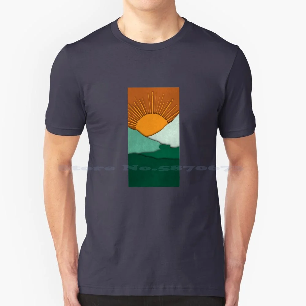 Sunset Shadow T Shirt 100% Cotone Tee Range Rover Car Mountains Hills Nature Grass Earth Sunset Sun Rays Arancione Marrone Verde