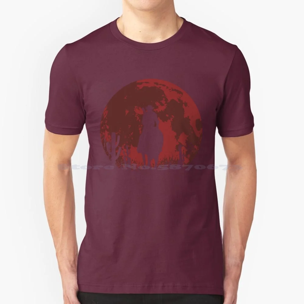 Maglietta Red Moon 100% Cotone Tee Red Sunset Cowboy Rdr2 Redemption 2 One
