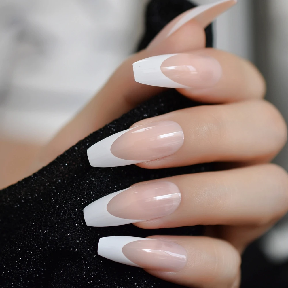 White French Ballerina Unghie Finte Natural Nude Coffin Flat False Nail Tips Per Salon Party Faux Ongle Free Nastri Adesivi