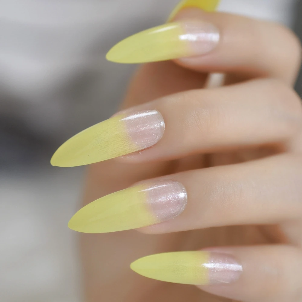 Bright Lemon Yellow Gradient Press On False Nails Extra Long Ballerina Coffin Gel Glue On Finti Fingers Nails Extension Deco