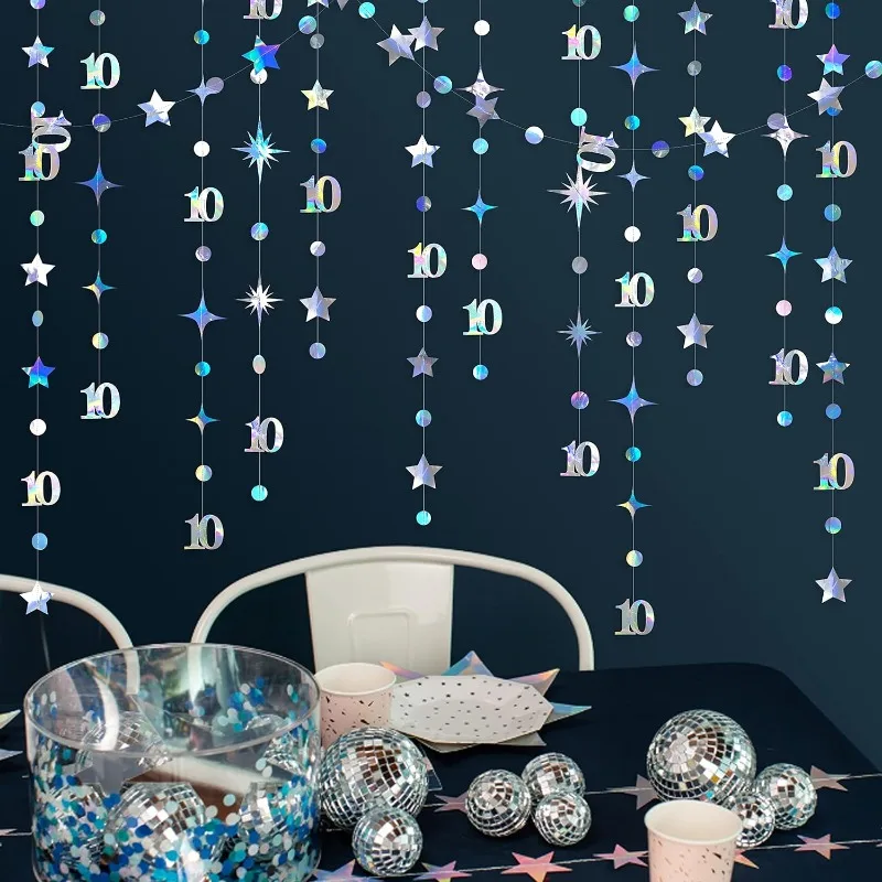 Decorazioni Iridescenti Per Il Decimo Compleanno Numero 10 Circle Dot Twinkle Star Garland Hanging Streamer Forniture Per Feste Del Decimo Anniversari