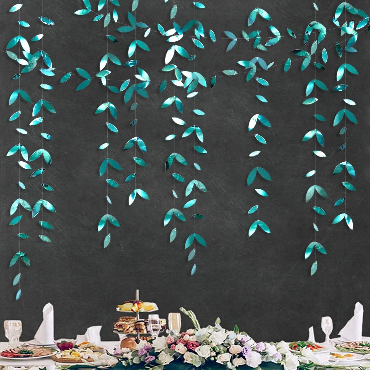 Hunter Green Leaf Garland Emerald Turchese Carta Verde Scuro Foglie Appese Streamer Teal Aqua Green Banner Decorazioni Di Nozze