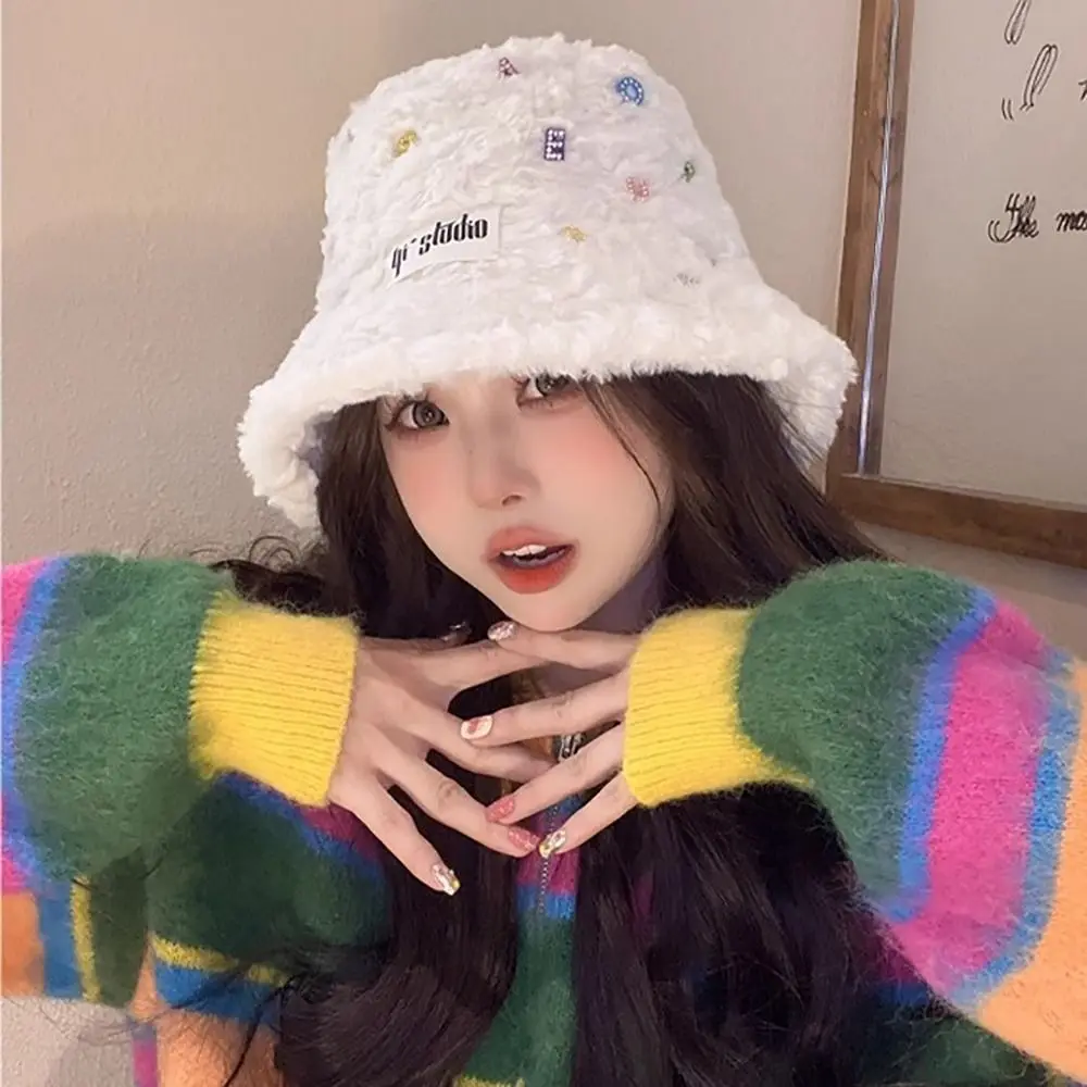 Face Small Lamb Wool Fisherman Cap All-Match Ear Protection Pot Plant Cap Lettera Ricamo Peluche Cappello Panama