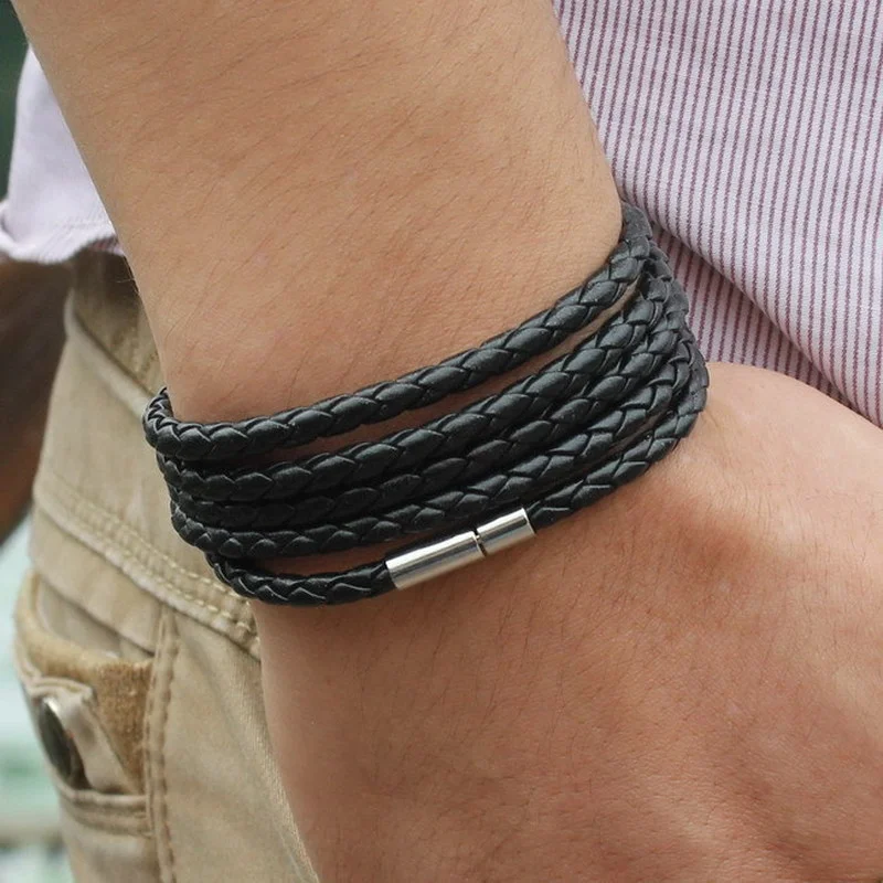 Brand Black Vintage Wrap Long Leather Bracelet Men'S Bracelet Fashion Link Men'S Charm Bracelet 3 Circles 5 Circles