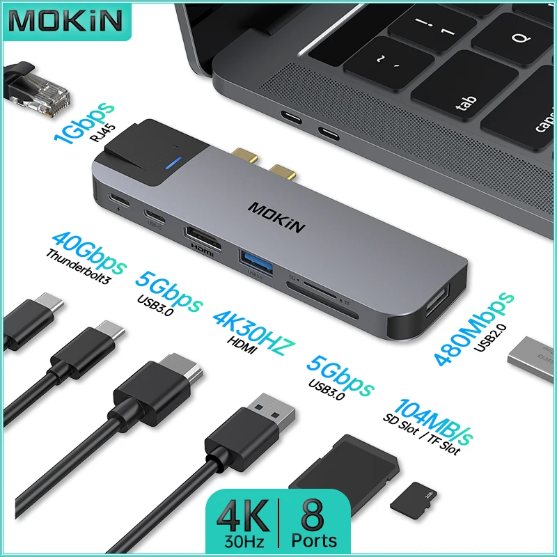 Docking Station Mokin 8 In 2 Per Macbook Air/Pro, Ipad, Laptop Thunderbolt - Usb3.0, Hdmi 4K30Hz, Sd, Rj45 1Gbps, Thunderbolt