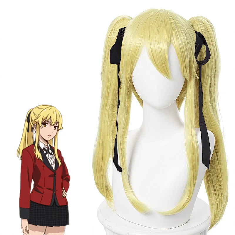 Kakegurui Mary Saotome Meari Blonde Ponytail Hair Heat Resistant Cosplay Anime Wig + Silk Black Ribbon + Wig Cap