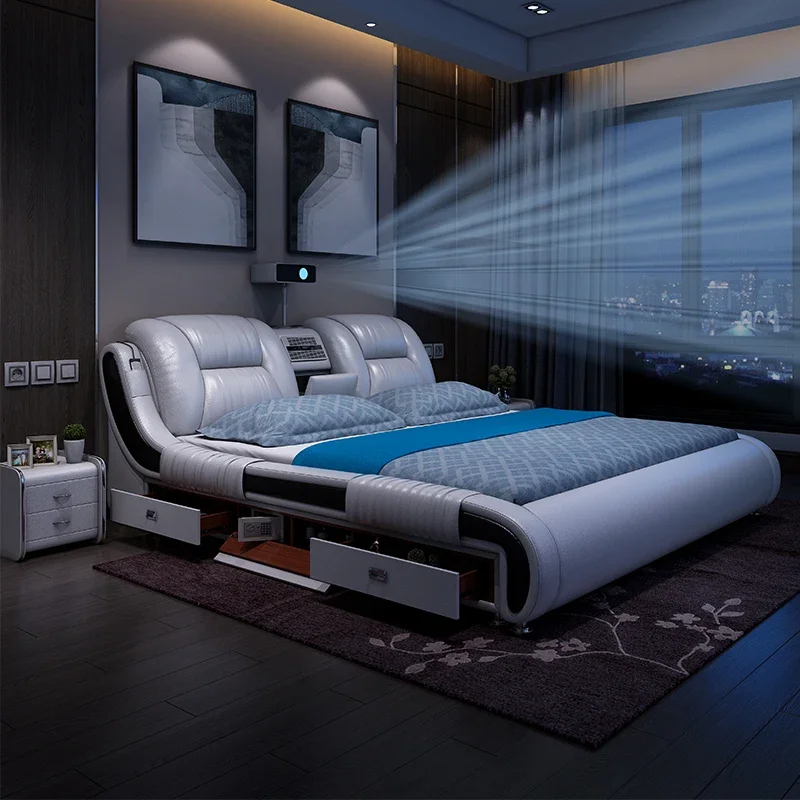 Echtes Leder Bett Multifunktionale Betten Ultimive Massage Camas Mit Bluetooth, Lautsprecher, Sicher, Luft Reiniger, Projektor