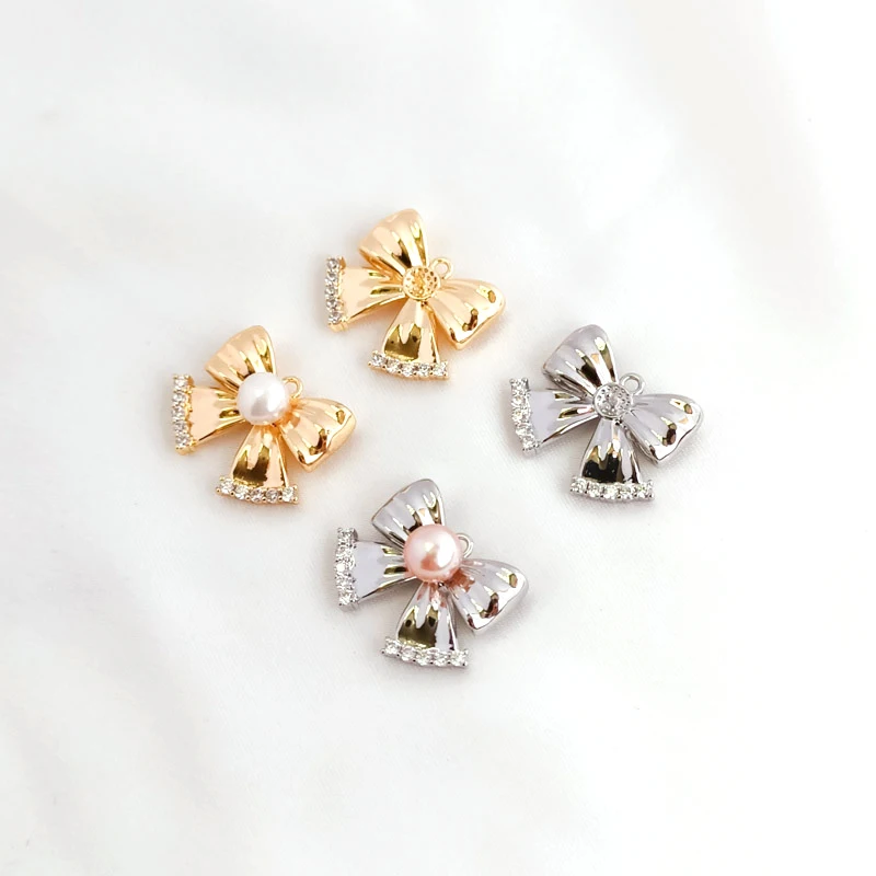 2-Piece Copper Wrapped 14K Gold Set Zircon Empty Support Bow Pendant Diy Handmade Necklace Earrings Accessories Material