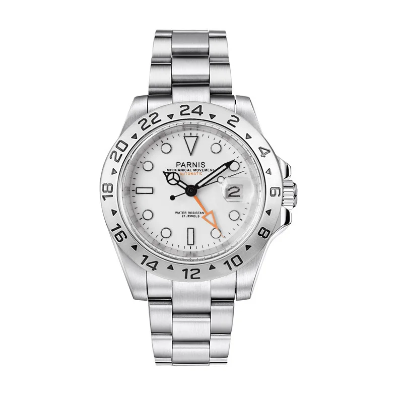 Luxury Parnis 40Mm Silver Case Automatic Mechanical Men Gmt Watch Sapphire Crystal Orologi Luminosi Per Uomo Relogio Masculino