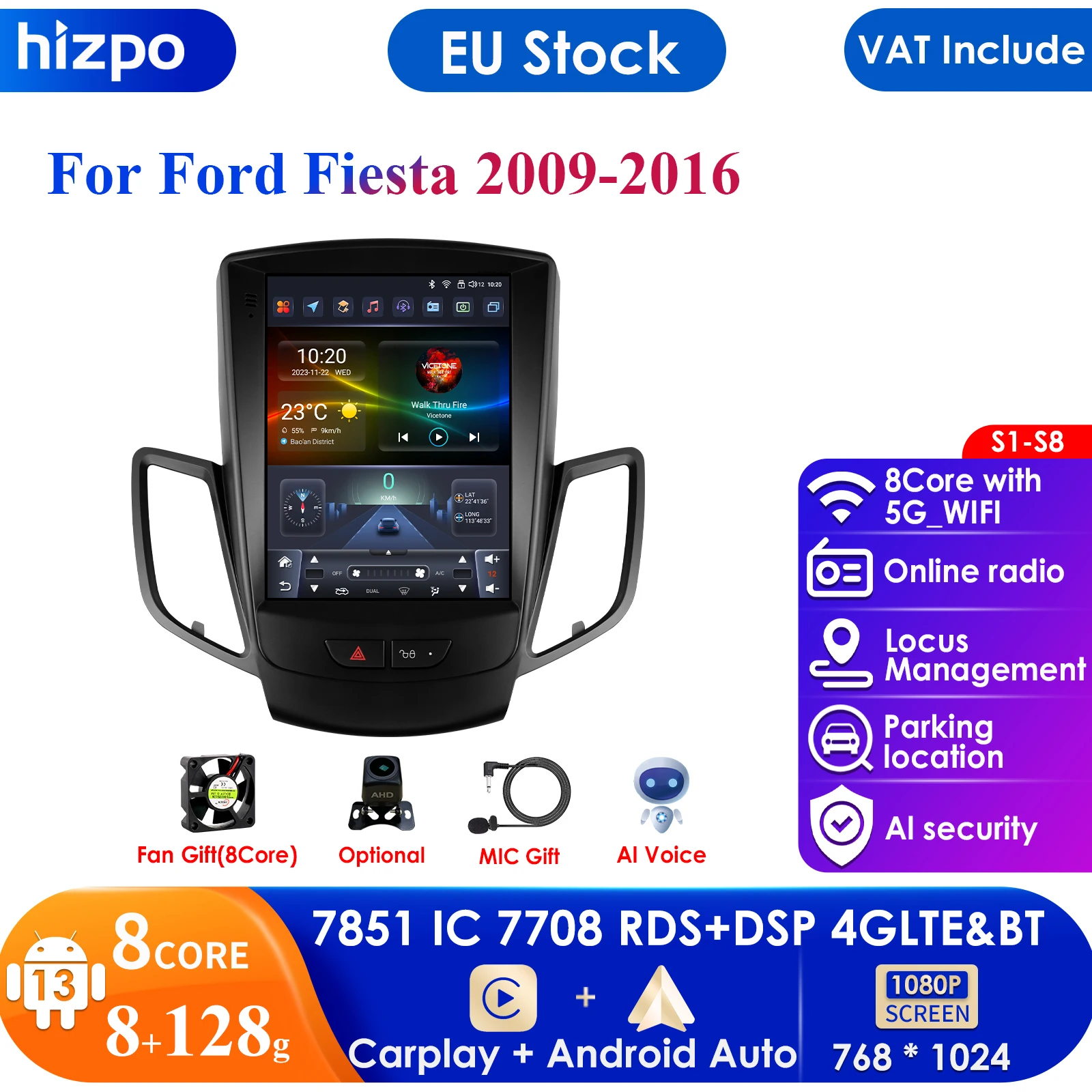 Android 13 2Din Autoradio Per Ford Fiesta Mk7 2009 - 2016 Lettore Multimediale Navigazione Carplay Stereo Head Unit 9.7 "Stile Tesla