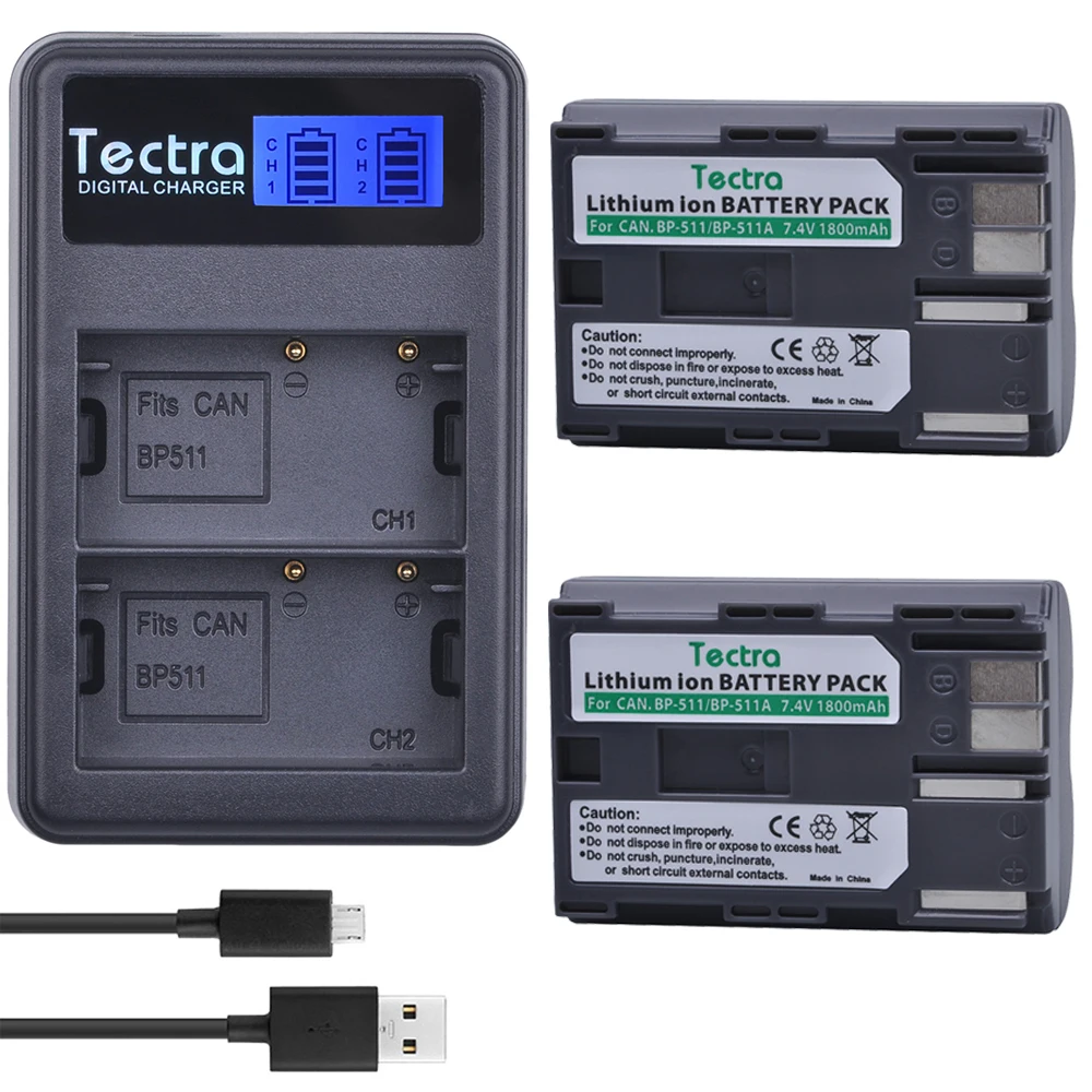 Tectra 2 Pz Bp-511A Bp 511 Li-Ion Battery + Lcd Usb Caricatore Doppio Per Canon G6 G5 G3 G2 G1 Eos 300D 50D 40D 30D 20D 5D