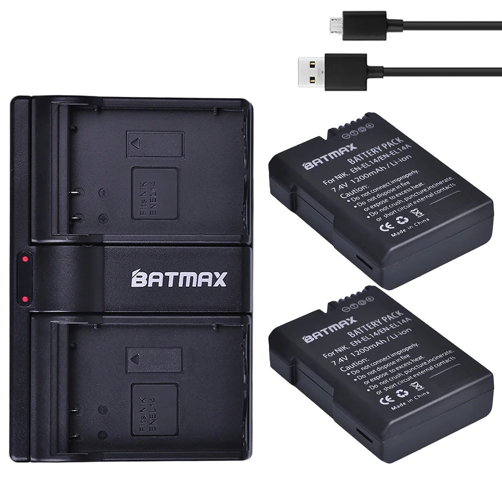 2 Pz 1200Mah En-El14 Enel14 En El14 Pacco Batteria + Doppio Caricatore Usb Per Nikon D5200 D3100 Per Nikon D3200 D5100 P7000 P7100