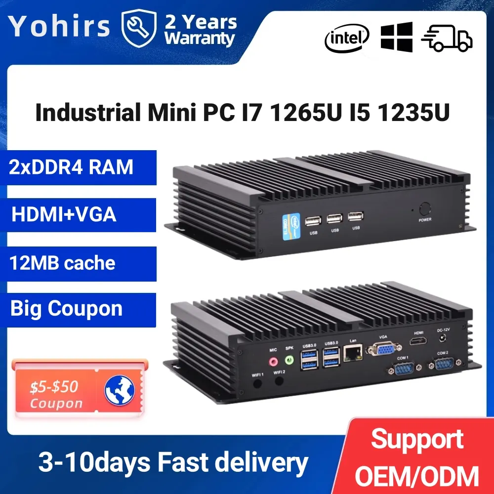 Yohirs 12Th Gen Industrial Mini Pc Intel Core I7 1255U I5 1235U 2 * Ddr4 2 * Rs232 Com Hd Vga 5G Sim Card Robusto Computer Senza Ventola