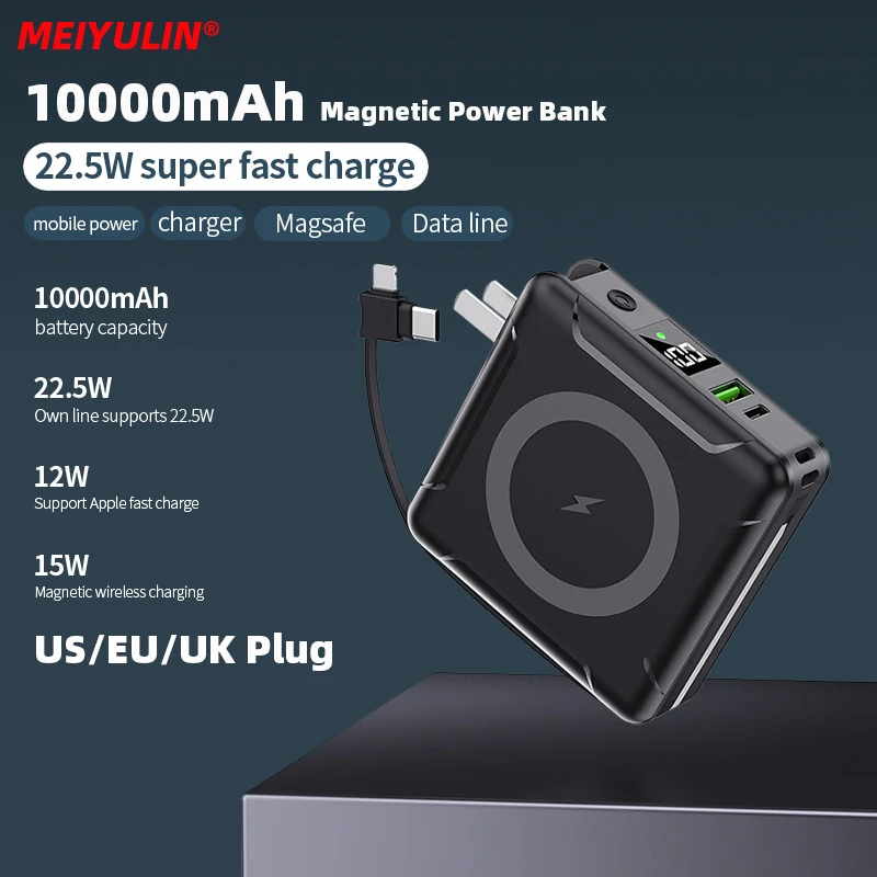 10000Mah Magnetic Wireless Power Bank Us/Eu/Uk Plug 22.5W Batteria Esterna A Ricarica Rapida Con Cavo Usb C Per Iphone 15 Samsung