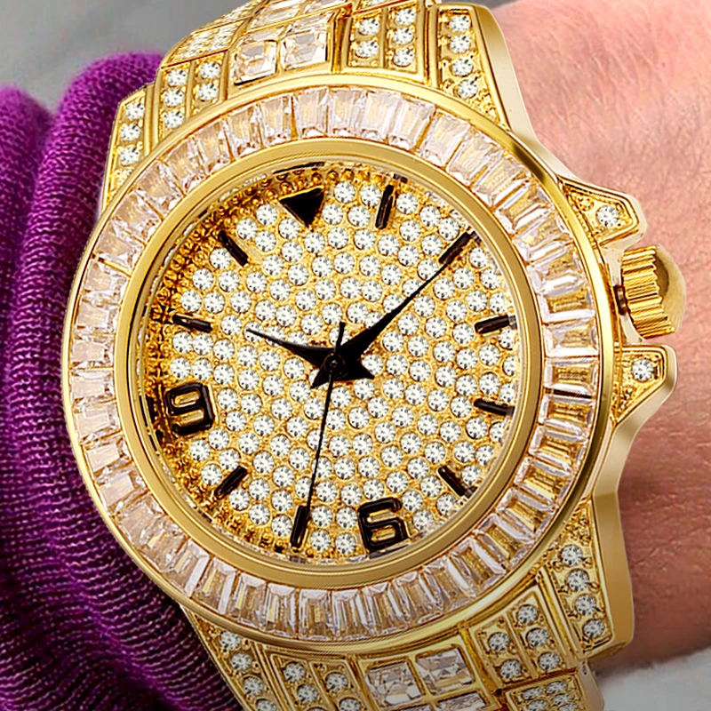 Missfox Classic Gold Dimaond Watch For Men Luxury Royal Elegant Watches Fashion Quartz Waterproof Iced Out Orologio Da Polso