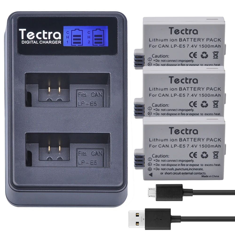 Tectra 3 Pz Lp-E5 Lpe5 Battery + Lcd Usb Doppio Caricatore Per Canon Eos Rebel Xs Rebel T1I Rebel Xsi 1000D 500D 450D Kiss X3 Bacio