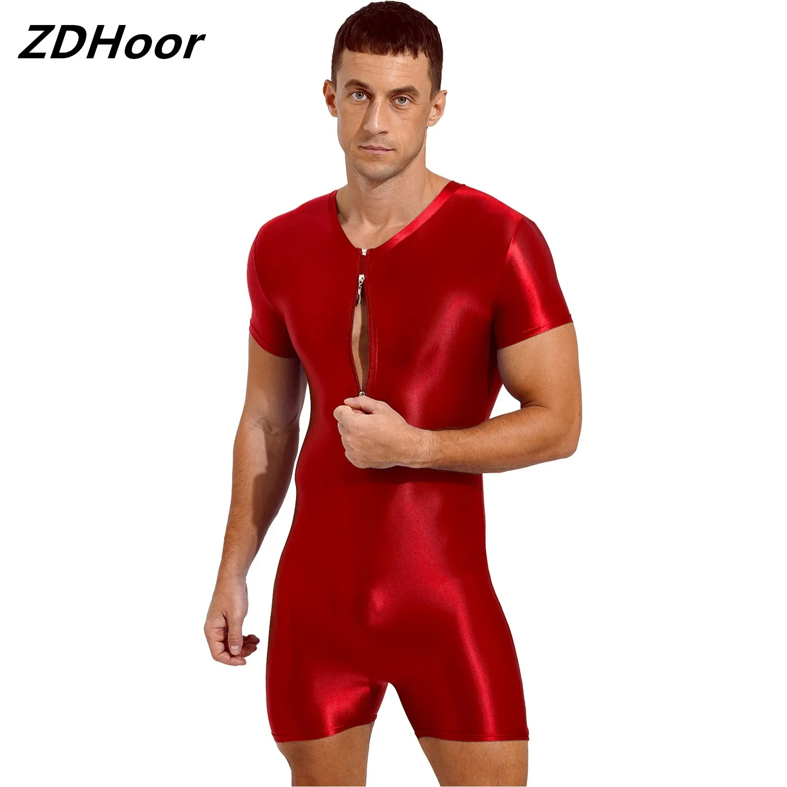 Costume Da Bagno Uomo Manica Corta Con Cerniera Tuta Costume Intero Lucido Elastico Girocollo Body Costumi Da Bagno