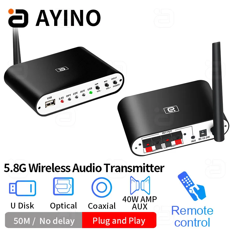 Trasmettitore Ricevitore Audio Wireless 5.8G 5.1Ch Surround Cablaggio 50M Coassiale Ottico L & R Udisk Dac Decoder Stereo 40W Power Amp