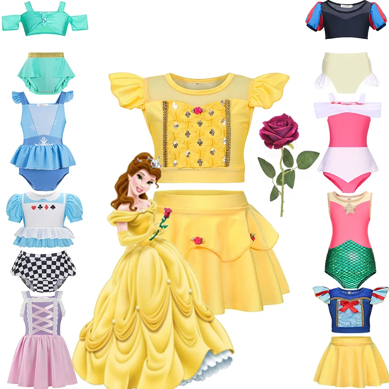 Disney Beauty And The Beast Princess Belle For Girls Costume Da Bagno A Due Pezzi Jasmine Elsa Swimwear Bikini Beachwear Abbigliamento Per Bambini