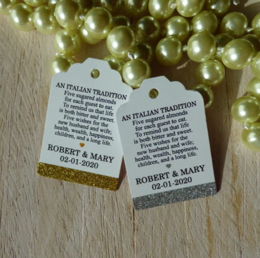 50 Pezzi Mini Tag Jordan Mandorle. Etichetta Glitterata. Cinque Auguri Tag