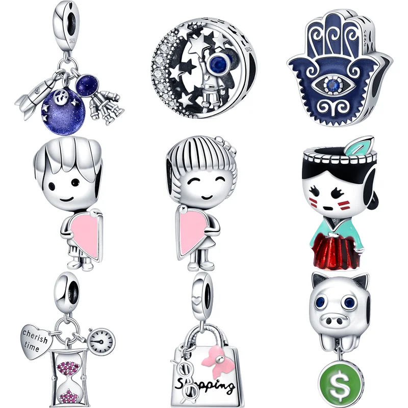 925 Sterling Silver Boy Girl Holding Heart Astronaut Rocket Clessidra Blue Eye Beads Fit Pandora Charm Bracciale Gioielli Originali