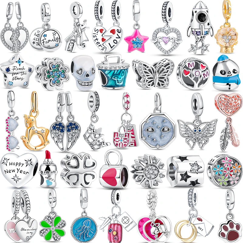 925 Sterling Silver Sparkling Rocket Four Leaf Clover Double Heart Charm Beads Fit Original Pandora Bracciale Collana Gioielli
