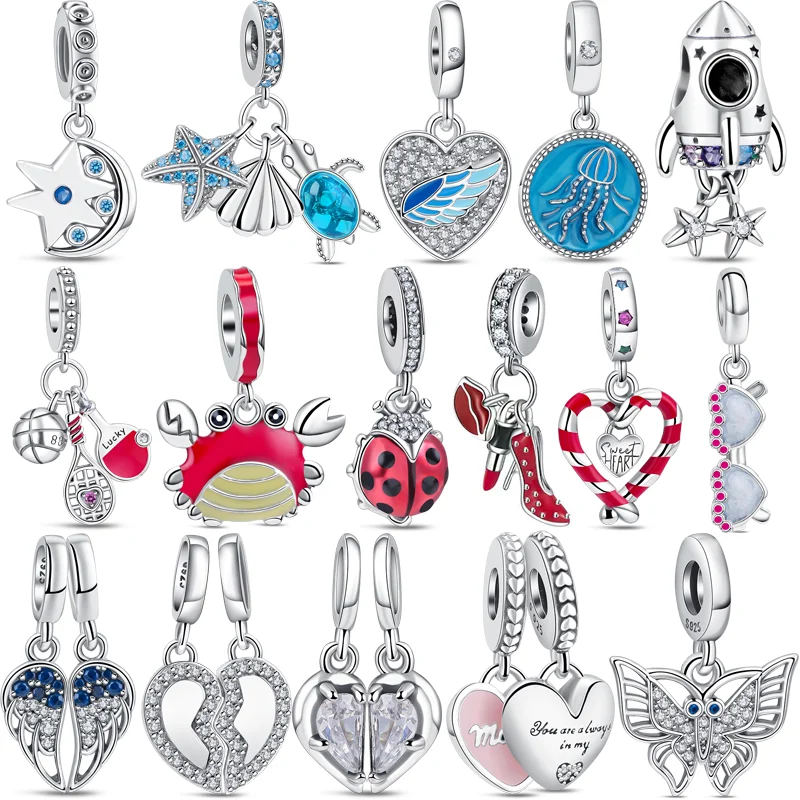 925 Argento Design Originale Charm Fit Pandora 925 Bracciale Star Moon Rocket Space Starfish Turtle Crab Feather Heart Bead Jewelry