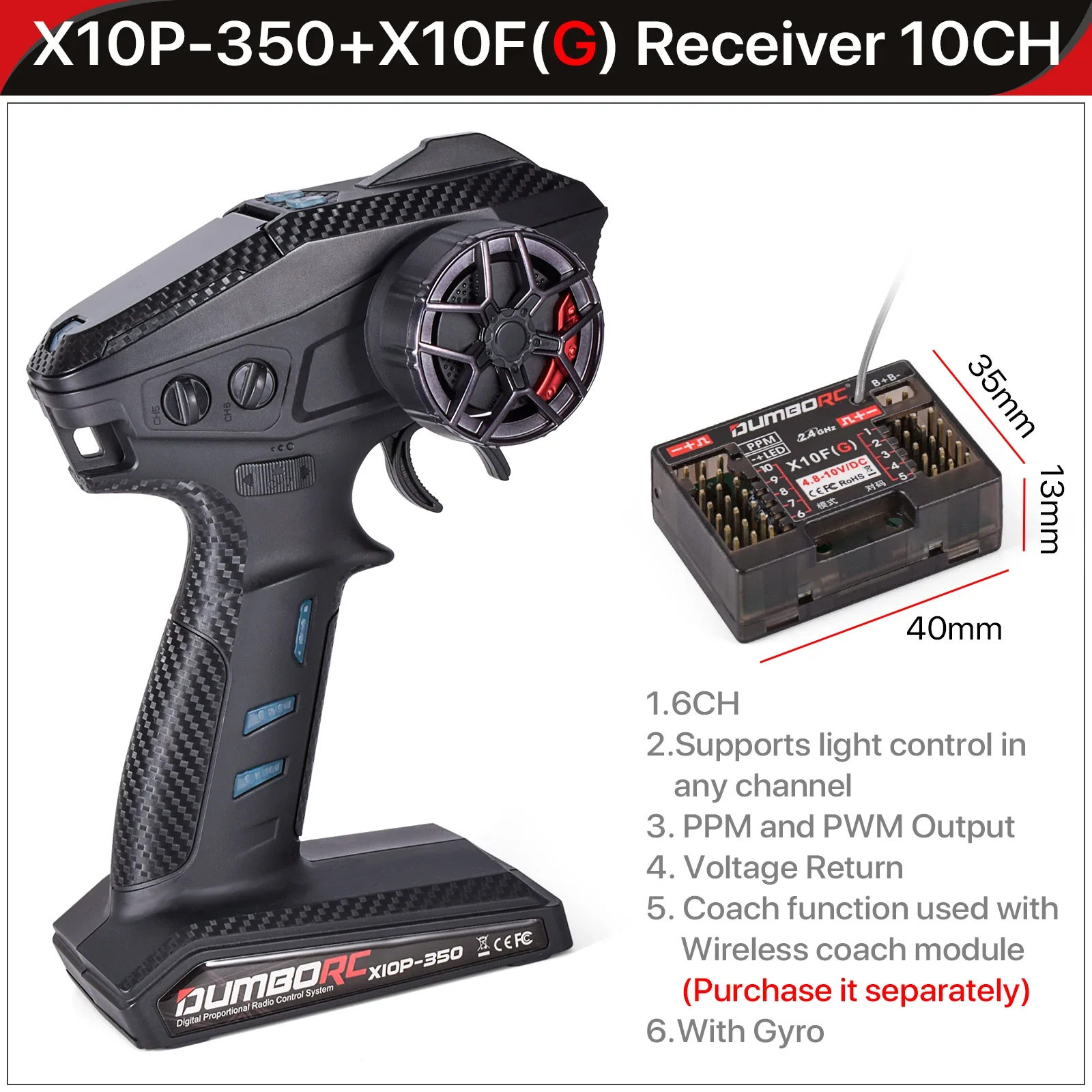 Dumborc X10P-350 + 10F Ricevitore 10Ch Trasmettitore Ricevitore Con 10A Esc Rc Remote Speed Controller Per 1/10 1/8 Rc Cars Boat Tank