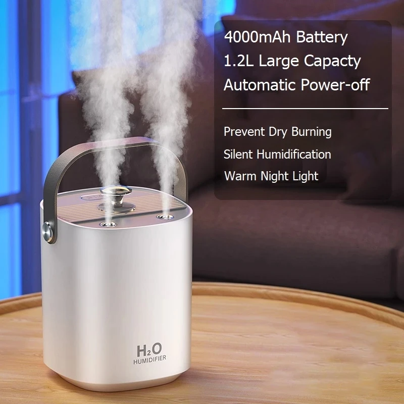 Umidificatore D'Aria Wireless 4000Mah Ricaricabile 1.2L Doppio Ugello Ultrasonic Cool Mist Maker Fogger Led Lampada Ad Olio Essenziale Difusor