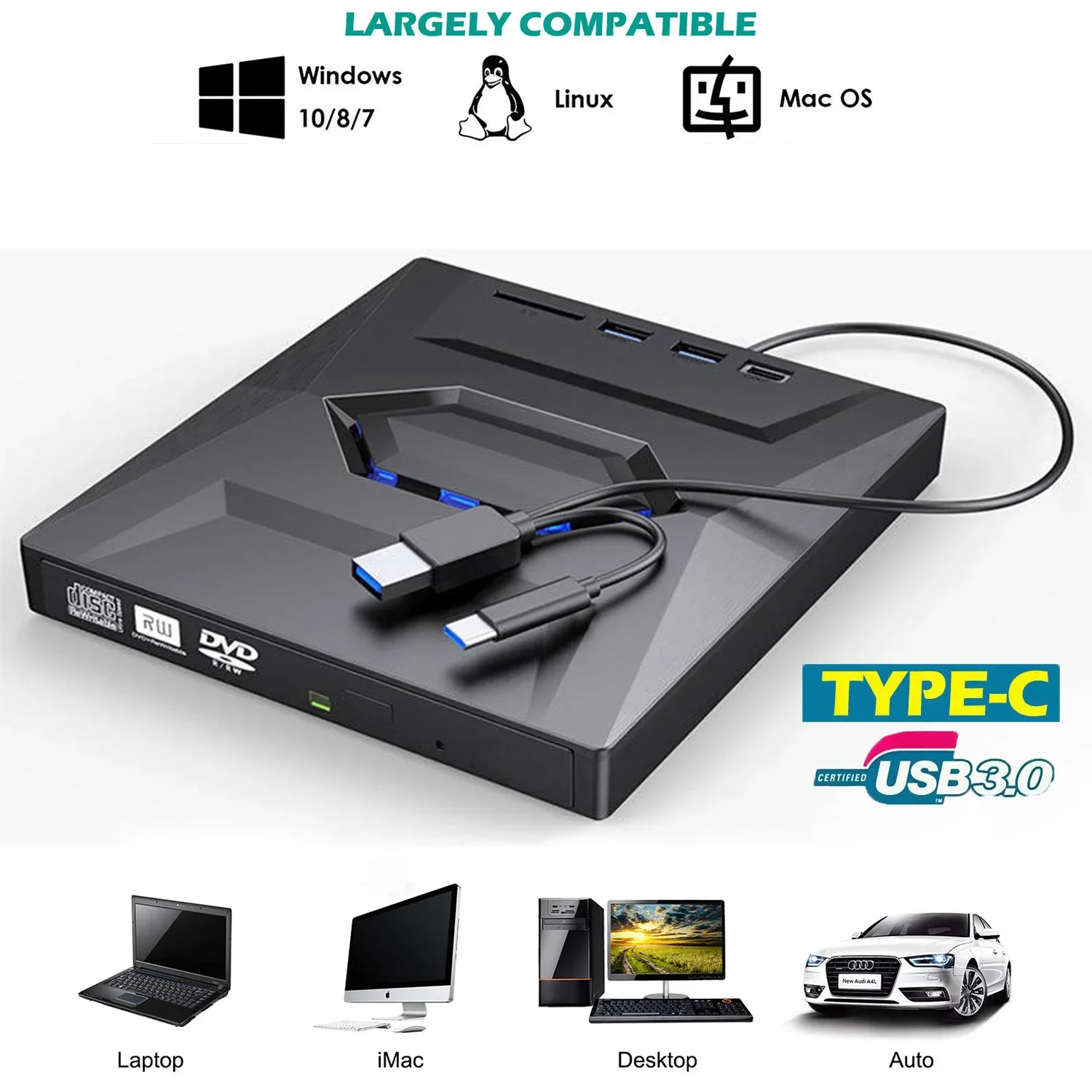 Usb 3.0 E Tipo C Masterizzatore Dvd Esterno Lettore Di Schede Multifunzione Lettore Cd/Dvd Dvd Rw Unità Ottica Mac Os Window Xp/7/8/10