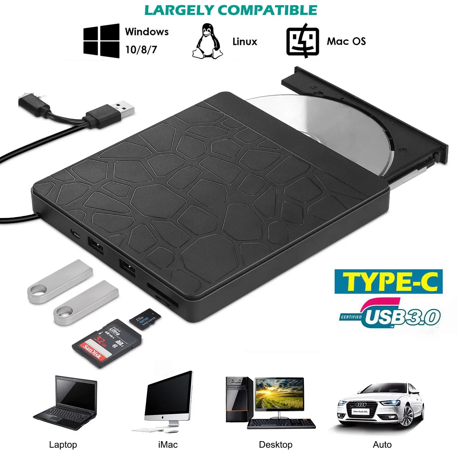 Usb 3.0 E Type-C Masterizzatore Dvd Esterno Registratore Di Carte Multifunzione Dvd Rw Unità Ottica Lettore Cd/Dvd Mac Os Window Xp/7/8/10