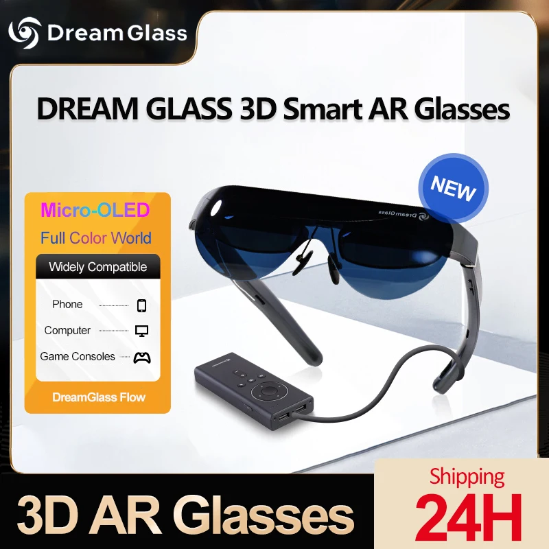 Dreamglass Flow 3D Smart Ar Glasses 160 Pollici 4K Hd Micro Oled Screen Occhiali Virtuali 0-500 ° Miope Regolazione Smart Lens