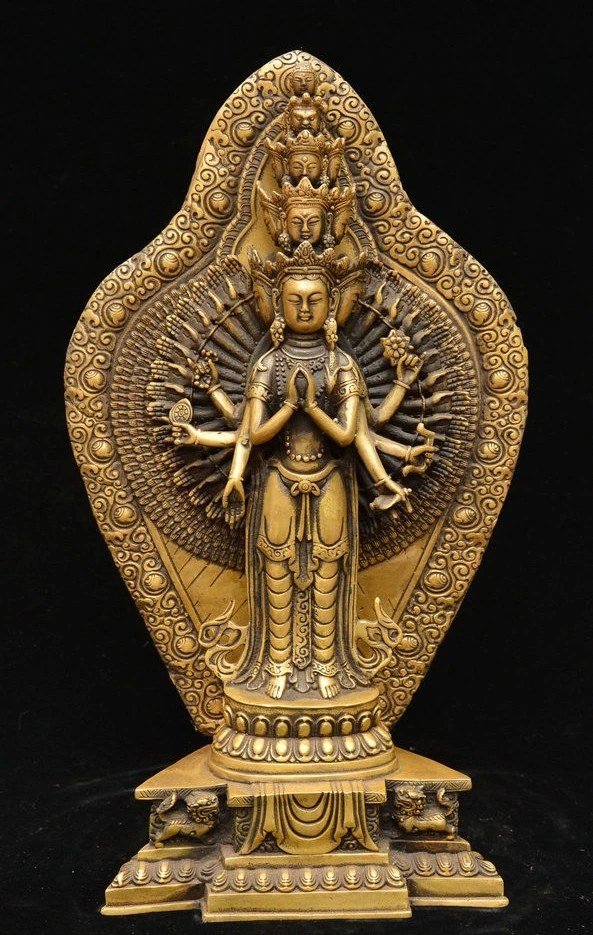 Tibetano Bronzo 1000 Arms 11 Testa Avalokiteshvara Di Dea Bodhisattva Statua