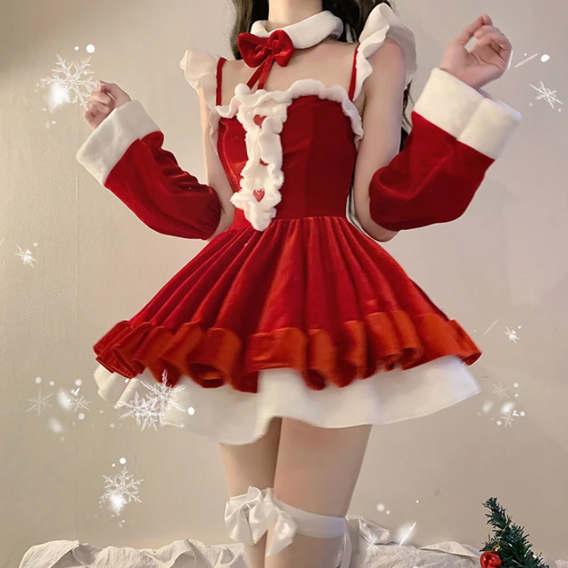 Costumi Di Natale Lolita Maid Red Dress Soft Velvet Bunny Lingerie Xmas Red Babbo Natale Cosplay Party Outfit Costume Di Halloween