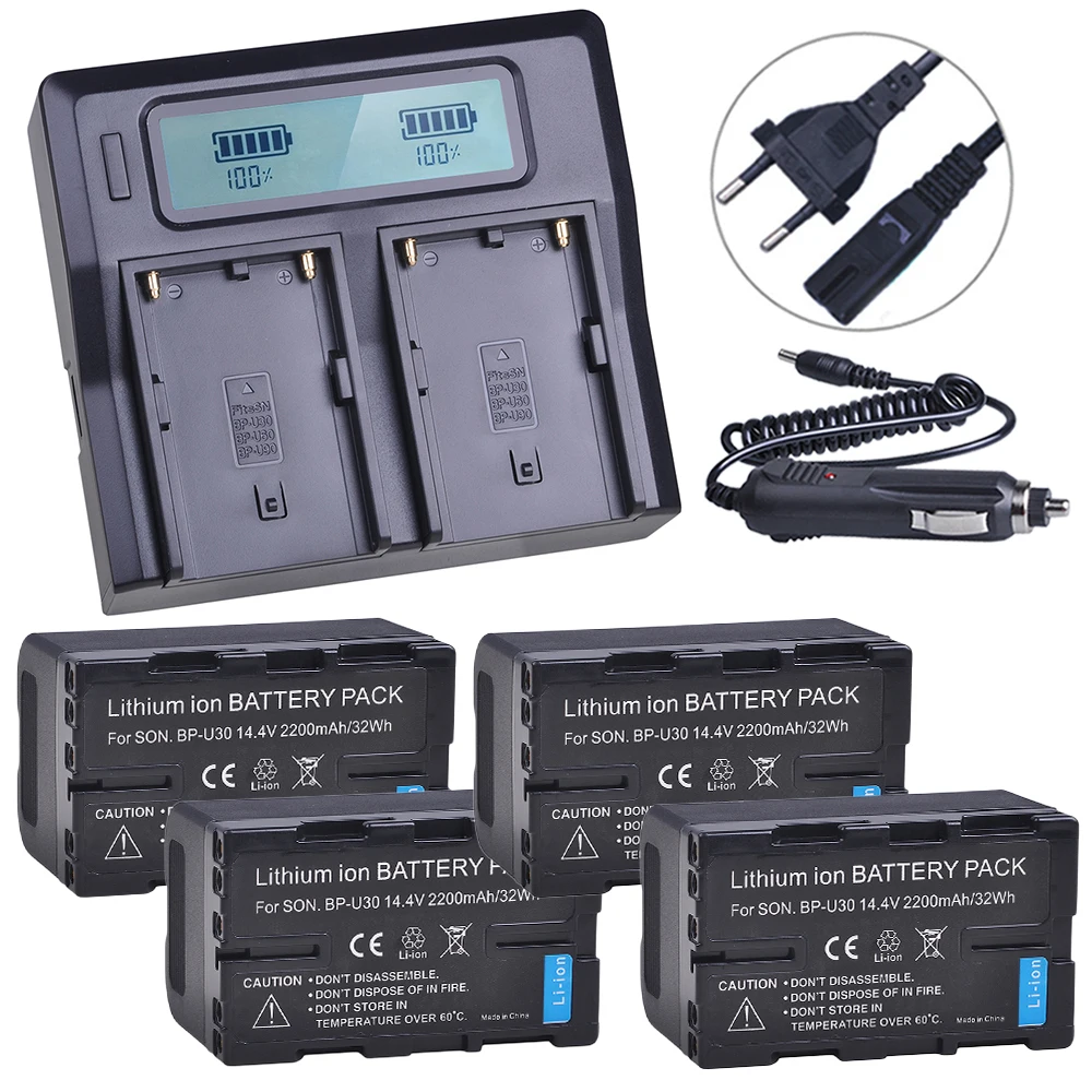 4 Pz 2200Mah Bp-U30 Bpu30 Bp U30 Batteria Ricaricabile + Lcd Doppio Caricatore Rapido Per Sony Xdcam Ex Pmw100 Pmw150 Pmw160 Pmw200