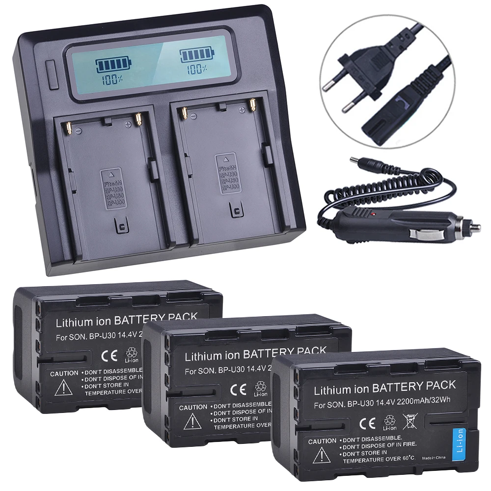 3 Pz 2200Mah Bp-U30 Bpu30 Bp U30 Batteria Ricaricabile + Lcd Doppio Caricatore Rapido Per Sony Xdcam Ex Pmw100 Pmw150 Pmw160 Pmw200