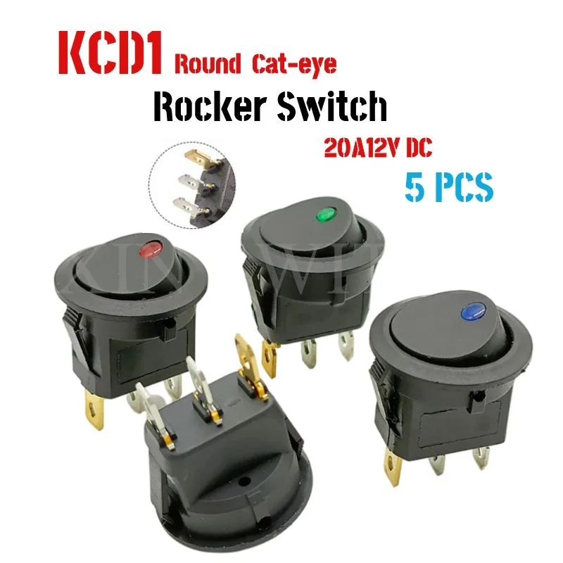 5 Pz On/Off 20A 12V Dc Round Rocker Dot Cat-Eye Switch Led Light Luminescenza Mini Interruttori A Levetta
