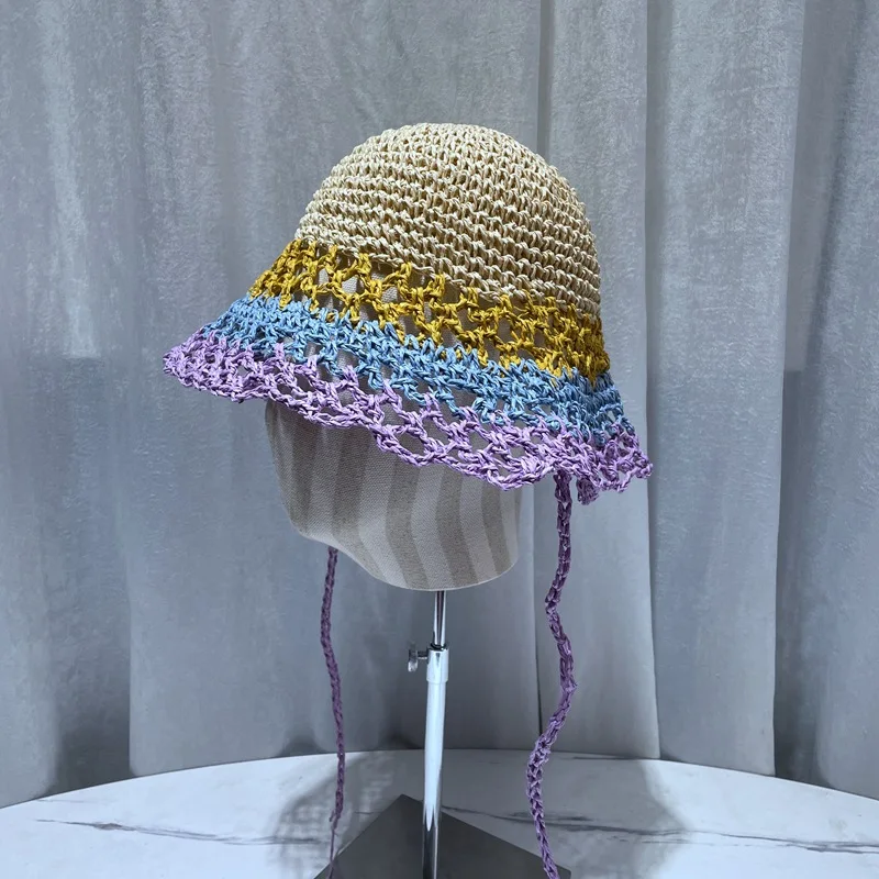 Korean Version Fashion Hollow Color-Block Straw Hat Women'S Summer Hat Women'S Beach Panama Straw Dome Fisherman Hat Women'S Sun