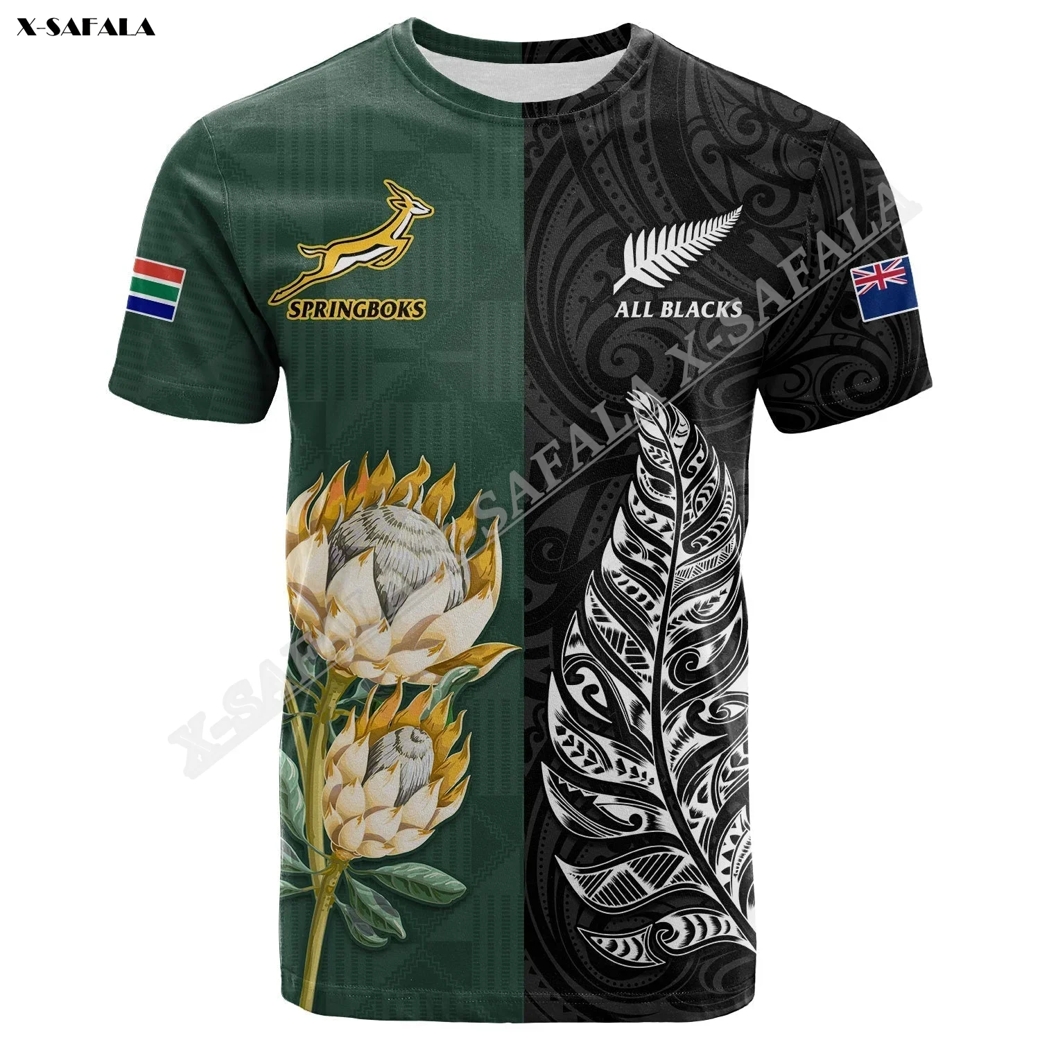 Sud Africa Nuova Zelanda Rugby Go Springboks Vs All Blacks Traspirante Stampa 3D Per Uomo T-Shirt Top Tee Manica Corta Fibra Di Latte