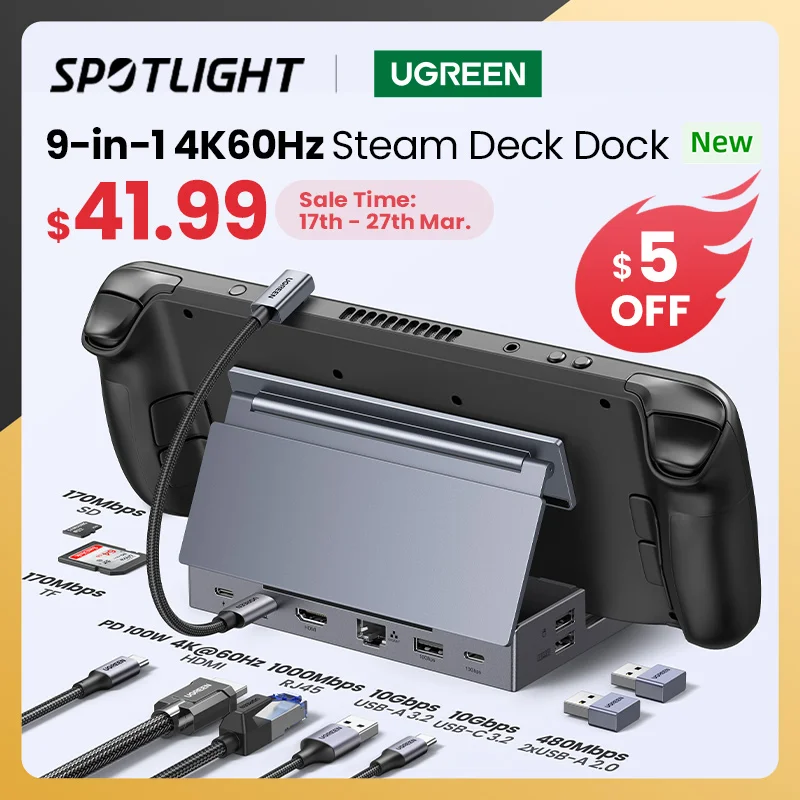 Docking Station Usb C Ugreen Per Steam Deck 4 K60Hz Rj45 Pd100W Dock Compatibile Con Steam Deck Rog Ally Iphone 15 Pro/Pro Max