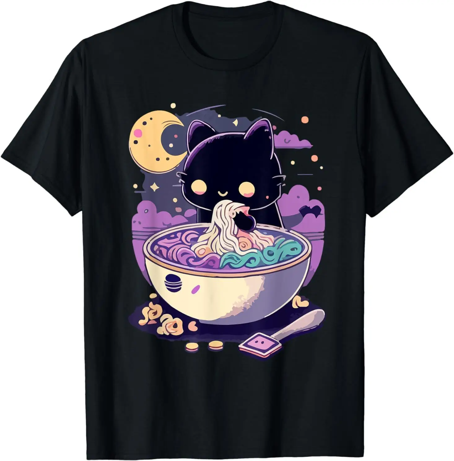 New Pastel Aesthetic Kawaii Creepy Cat Mangiare Ramen Noodles T Shirt S 3Xl Maniche Lunghe O Corte