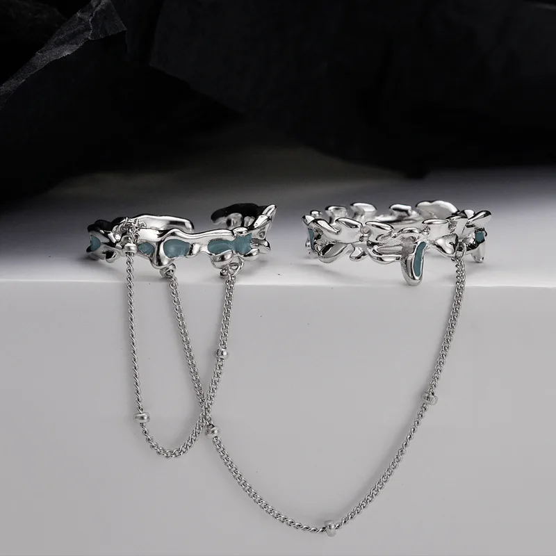 Youth Of Vigor Blue Enamel Nappa Chained Irregolare Solid 925 Silver Ring Set Rugged Pattern Party Open R1192